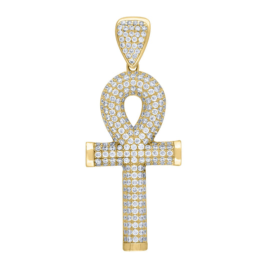 10K Yellow Gold Mens Cubic-Zirconia Egyptian Ankh Cross Religious Charm Pendant