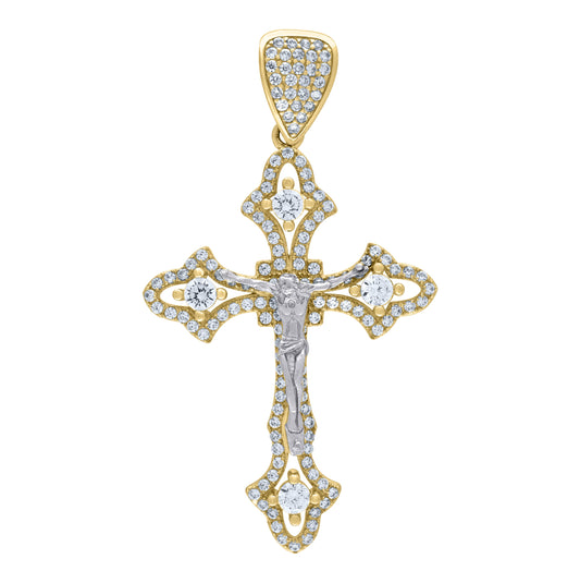 10K Two-tone Gold Mens Cubic-Zirconia Crucifix Cross Religious Charm Pendant