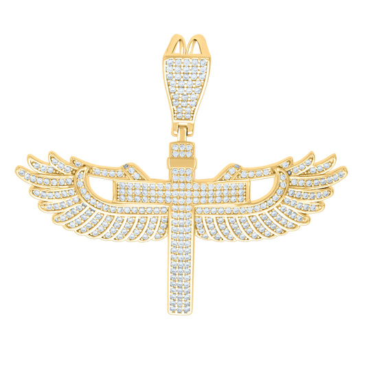 Sterling Silver Yellow-Tone Mens Cubic-Zirconia Angel Wings Cross Religious Pendant