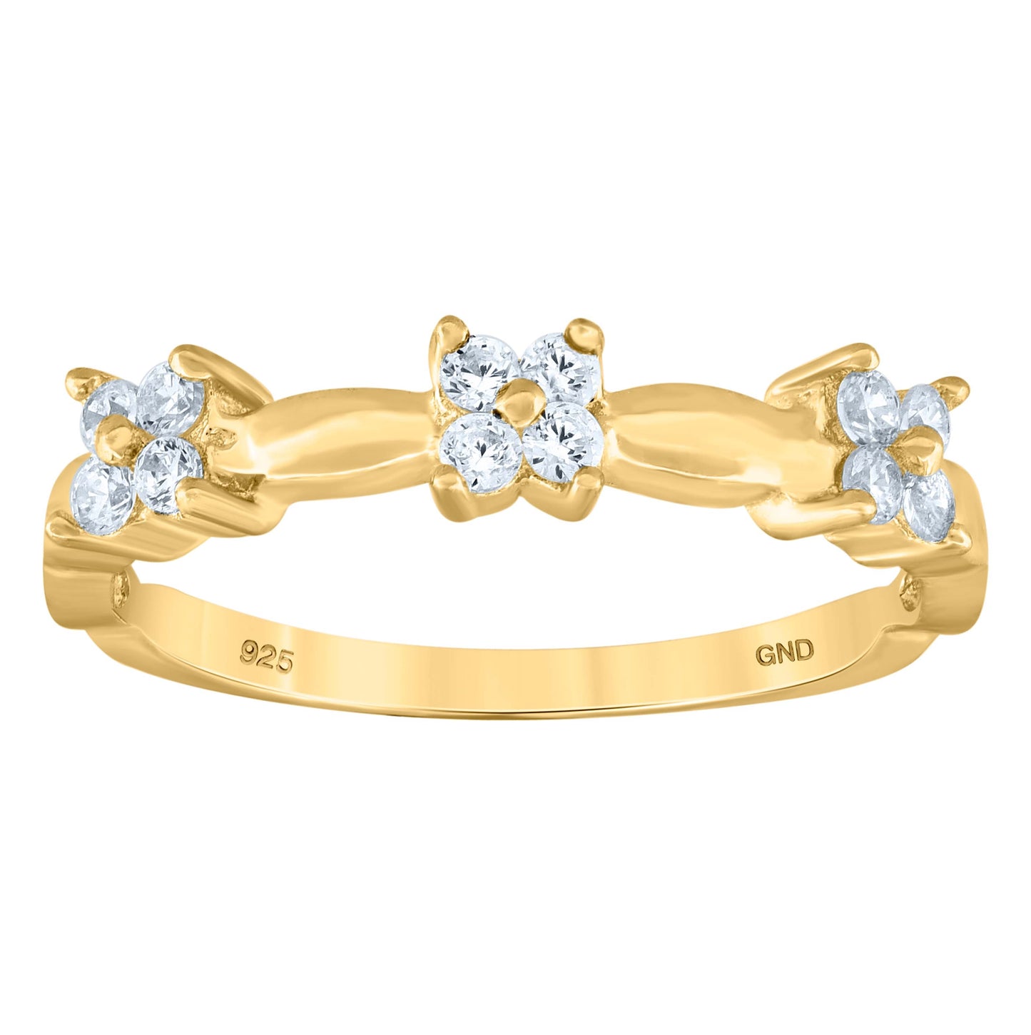 Sterling Silver Yellow-Tone Womens Cubic-Zirconia Flower Bridal Anniversary Wedding Engagement Band Ring