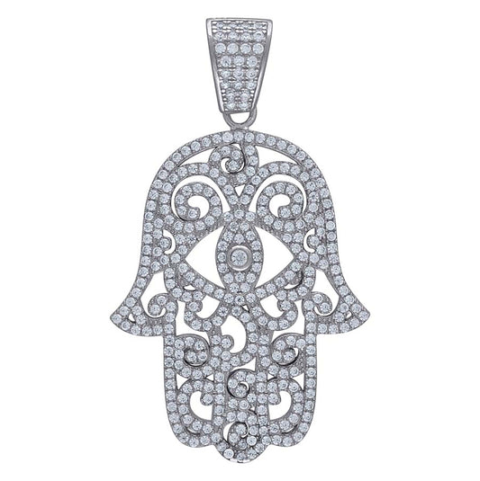 Sterling Silver Unisex Cubic Zirconia Religious Hamsa Charm Pendant