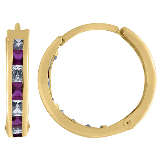 10K Yellow Gold Womens Princess-Cut Purple Cubic Zirconia Huggie Hoop Earrings