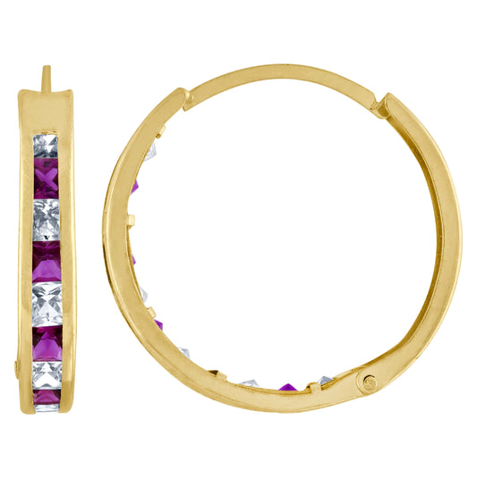 10K Yellow Gold Womens Princess-Cut Purple Cubic Zirconia Huggie Hoop Earrings
