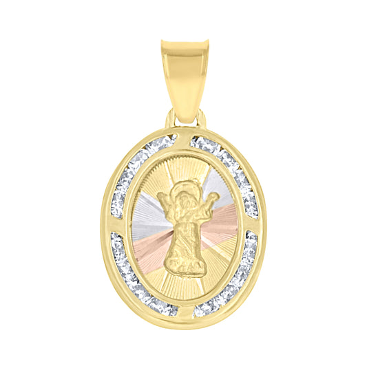 10K Tri-Color Gold Unisex Cubic Zirconia Cubic-Zirconia Religious Oval Charm Pendant
