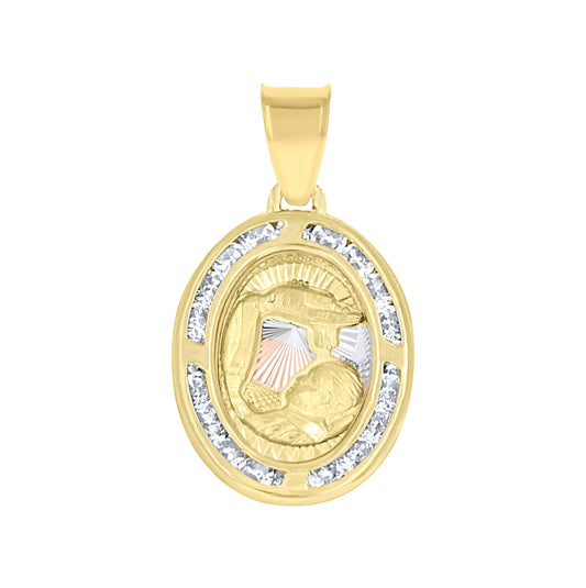 10K Tri-Color Gold Unisex Cubic Zirconia Cubic-Zirconia Religious Oval Charm Pendant