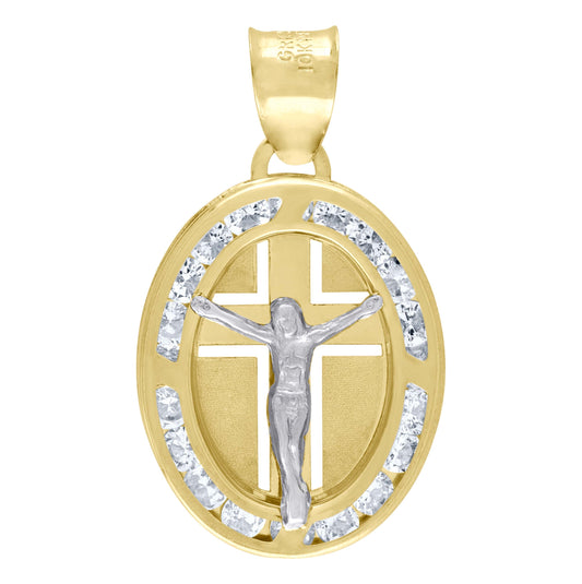10K Two-Tone Gold Unisex Cubic Zirconia Cubic-Zirconia Crucifix Cross Religious Oval Charm Pendant