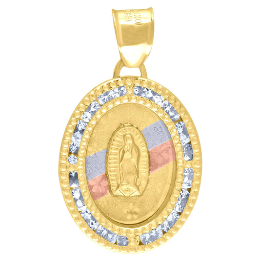 10K Tri-Color Gold Unisex Cubic Zirconia Cubic-Zirconia Lady Of Guadalupe Religious Oval Charm Pendant