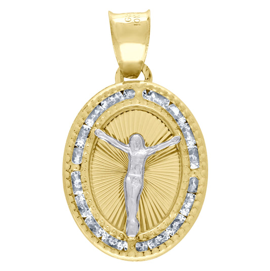 10K Two-Tone Gold Unisex Cubic Zirconia Cubic-Zirconia Crucifix Religious Oval Charm Pendant