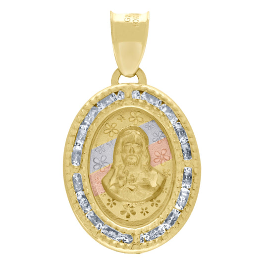 10K Tri-Color Gold Unisex Cubic Zirconia Cubic-Zirconia Religious Oval Charm Pendant
