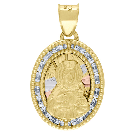 10K Tri-Color Gold Unisex Cubic Zirconia Cubic-Zirconia Saint Barbara Religious Oval Charm Pendant