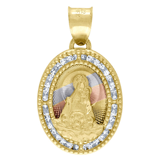10K Tri-Color Gold Unisex Cubic Zirconia Cubic-Zirconia Lady Of Loreto Religious Oval Charm Pendant