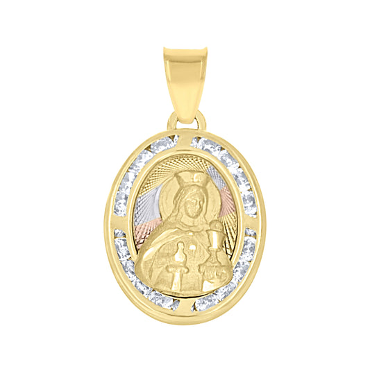10K Tri-Color Gold Unisex Cubic Zirconia Cubic-Zirconia Saint Barbara Religious Oval Charm Pendant