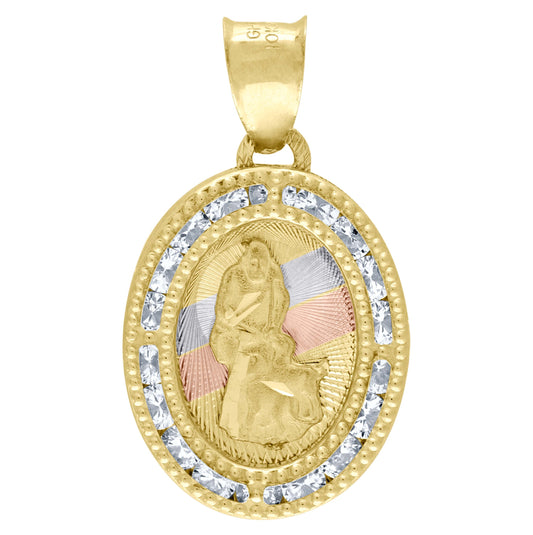 10K Tri-Color Gold Unisex Cubic Zirconia Cubic-Zirconia Religious Oval Charm Pendant