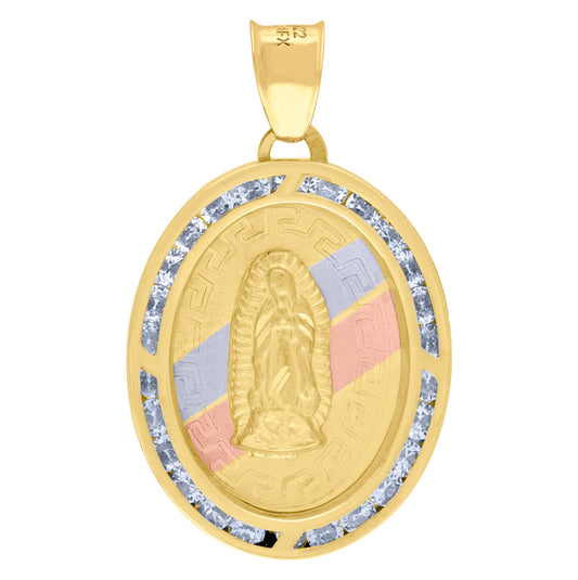 10K Tri-Color Gold Unisex Cubic Zirconia Cubic-Zirconia Lady Of Guadalupe Religious Oval Charm Pendant