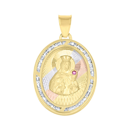 10K Tri-Color Gold Unisex Cubic Zirconia Cubic-Zirconia Saint Barbara Religious Oval Charm Pendant