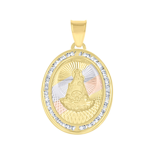 10K Tri-Color Gold Unisex Cubic Zirconia Cubic-Zirconia Lady Of Loreto Religious Oval Charm Pendant