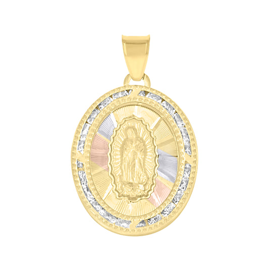 10K Tri-Color Gold Unisex Cubic Zirconia Cubic-Zirconia Lady Of Guadalupe Religious Oval Charm Pendant