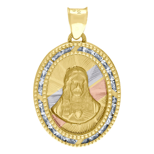 10K Tri-Color Gold Unisex Cubic Zirconia Cubic-Zirconia Religious Oval Charm Pendant