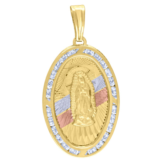 10K Tri-Tone Gold Unisex Cubic Zirconia Cubic-Zirconia Diamond-Cut Lady Of Guadalupe Religious Pendant