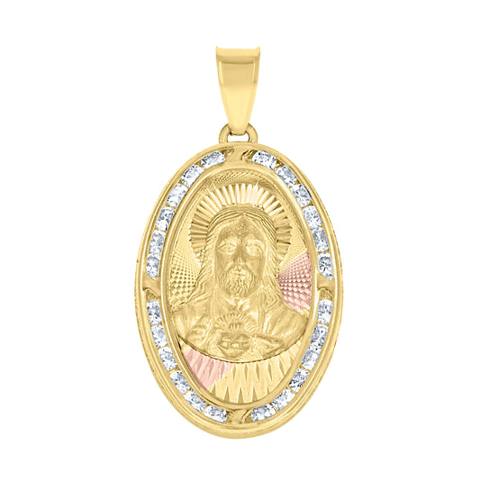 10K Tri-Color Gold Unisex Cubic Zirconia Cubic-Zirconia Religious Oval Charm Pendant