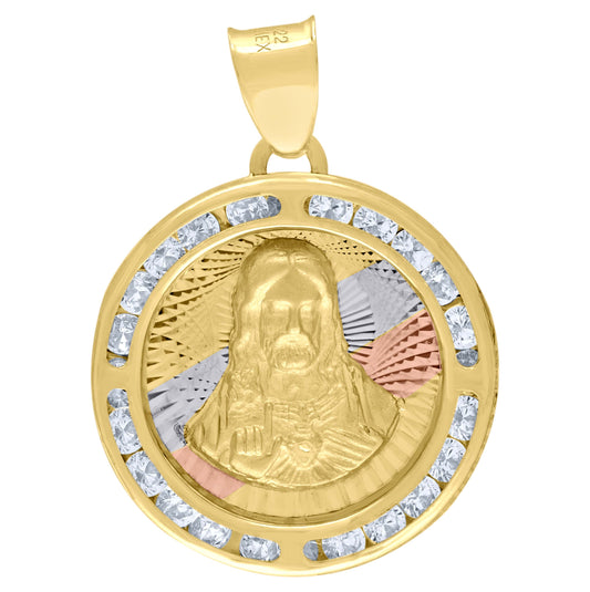 10K Tri-Color Gold Unisex Cubic Zirconia Cubic-Zirconia Religious Round Charm Pendant
