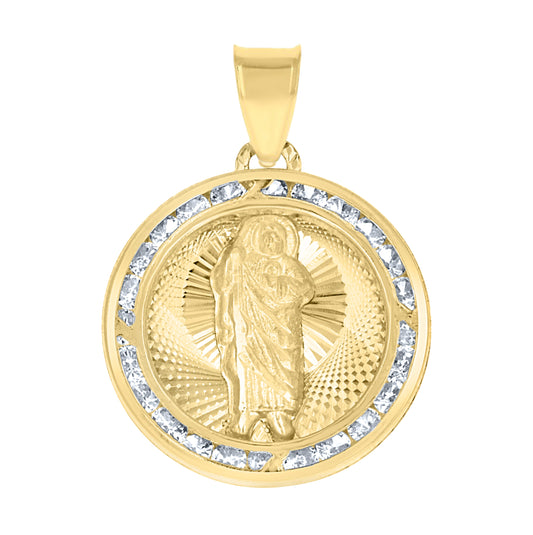 10K Tri-Color Gold Unisex Cubic Zirconia Cubic-Zirconia Saint Jude Religious Round Charm Pendant