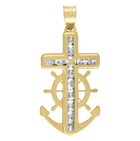 10K Yellow Gold Unisex Cubic Zirconia Cubic-Zirconia Mariner Cross Religious Charm Pendant
