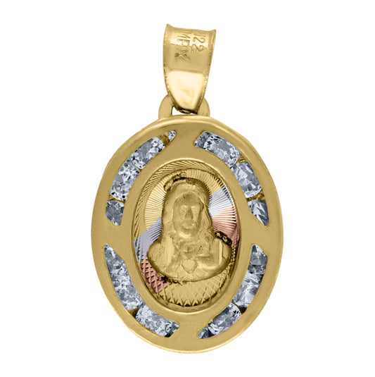 14K Tri-Color Gold Unisex Cubic-Zirconia Textured Religious Oval Jesus Medal Charm Pendant