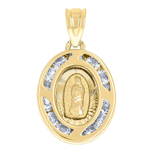 14K Tri-Color Gold Unisex Cubic-Zirconia Textured Lady Of Guadalupe Religious Oval Medal Charm Pendant