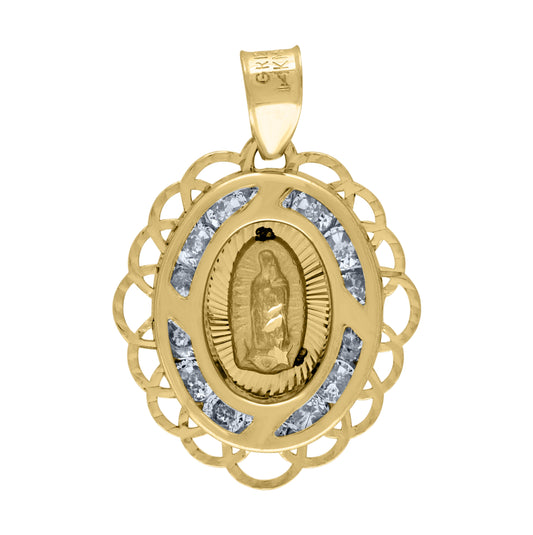 14K Yellow Gold Unisex Cubic-Zirconia Textured Lady Of Guadalupe Religious Oval Charm Pendant