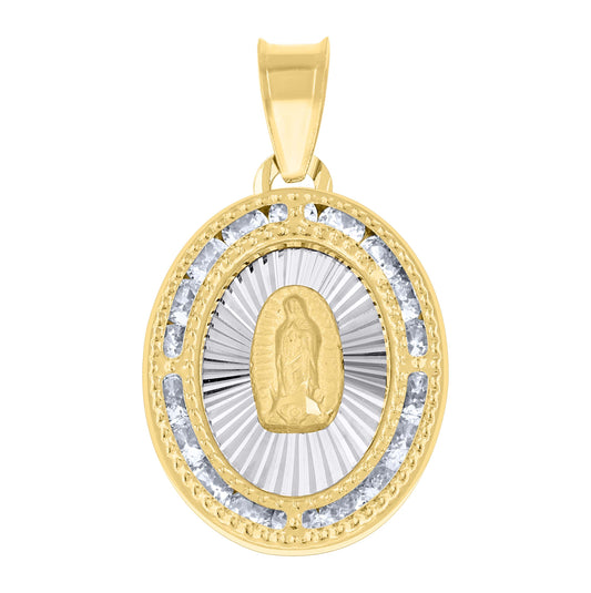 14K Yellow Gold Unisex Cubic-Zirconia Textured Lady Of Guadalupe Religious Oval Charm Pendant