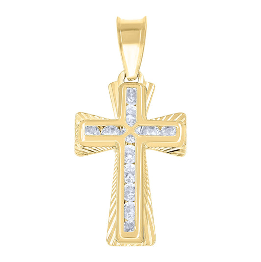 14K Yellow Gold Unisex Cubic-Zirconia Diamond-Cut Cross Religious Charm Pendant