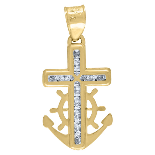14K Yellow Gold Unisex Cubic-Zirconia Anchor Cross Religious Charm Pendant