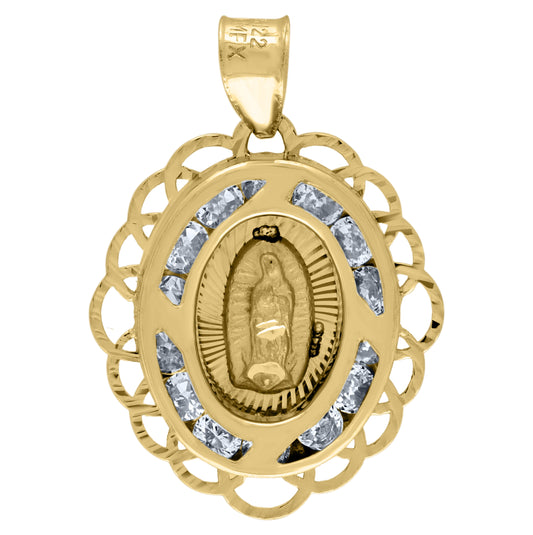 14K Yellow Gold Unisex Cubic-Zirconia Textured Lady Of Guadalupe Religious Oval Charm Pendant