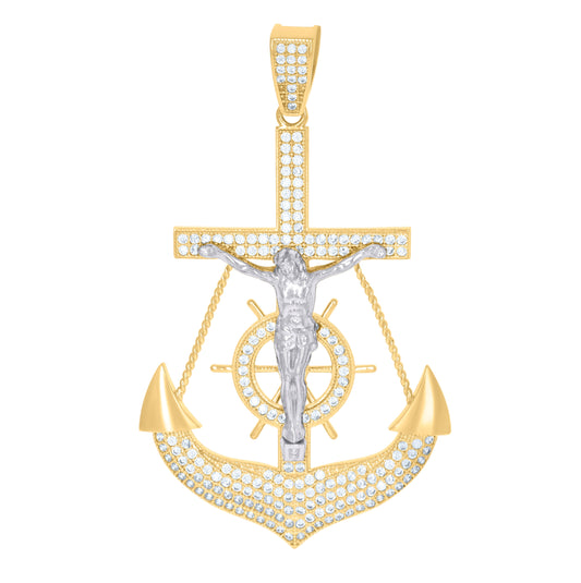 10K Two-Tone Gold Womens Cubic-Zirconia Religious Anchor Crucifix Charm Pendant