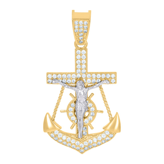 10K Two-Tone Gold Womens Cubic-Zirconia Religious Anchor Crucifix Charm Pendant