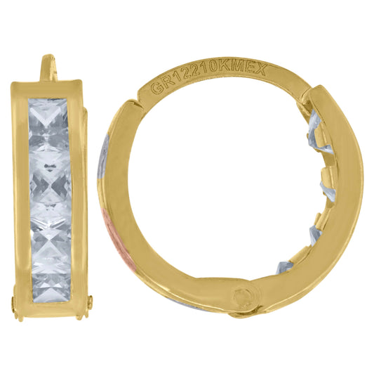 10K Tri-Color Gold Womens Princess-Cut Cubic Zirconia Huggie Hoop Earrings