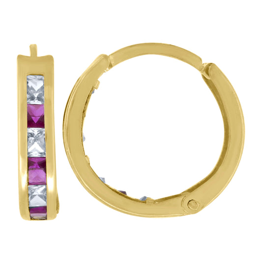 10K Yellow Gold Womens Pink Princess-Cut Cubic Zirconia Huggie Hoop Earrings
