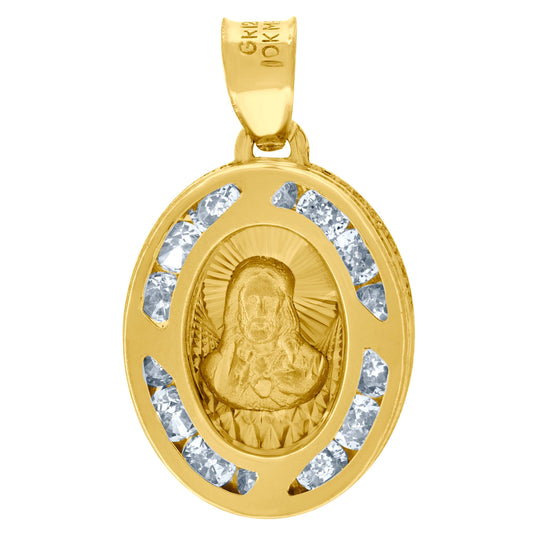 10K Yellow Gold Unisex Cubic-Zirconia Textured Sacred Heart Of Jesus Religious Charm Pendant