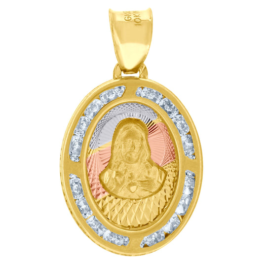 10K Tri-Color Gold Unisex Cubic-Zirconia Textured Sacred Heart Of Jesus Religious Oval Charm Pendant