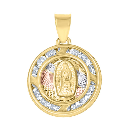 10K Tri-Color Gold Unisex Cubic-Zirconia Diamond-Cut Textured Lady Of Guadalupe Religious Charm Pendant
