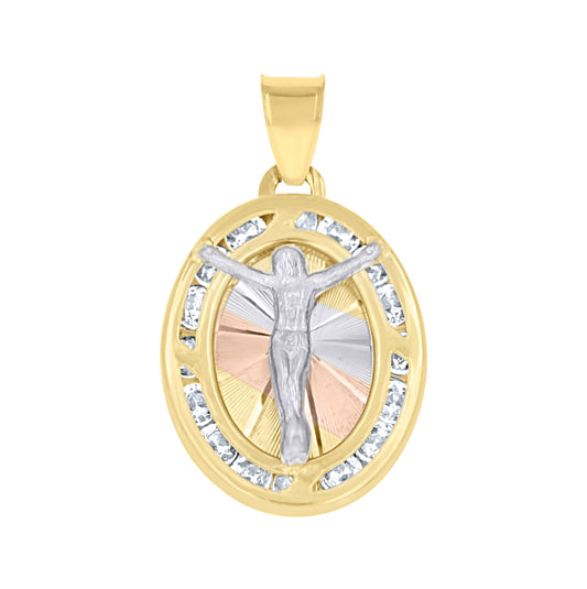 10K Tri-Color Gold Unisex Cubic-Zirconia Textured Crucifix Religious Oval Charm Pendant