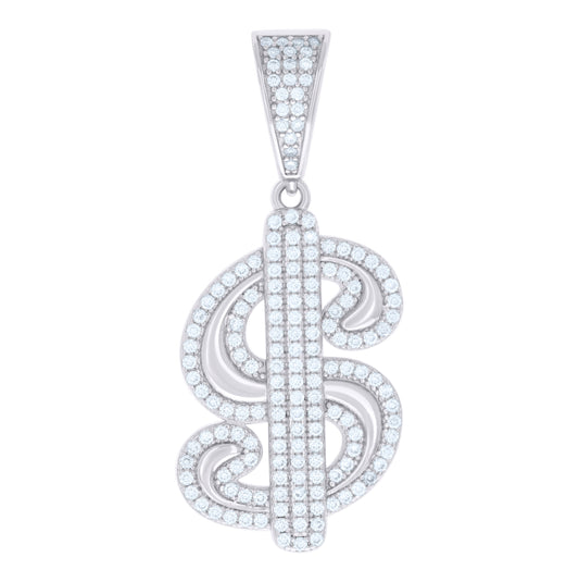 Sterling Silver Mens Cubic-Zirconia Dollar Sign Currency Fashion Charm Pendant