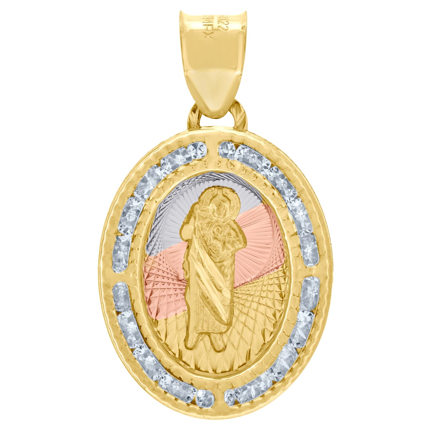 10K Tri-Color Gold Mens Cubic Zirconia Textured Saint Jude Oval Charm Pendant