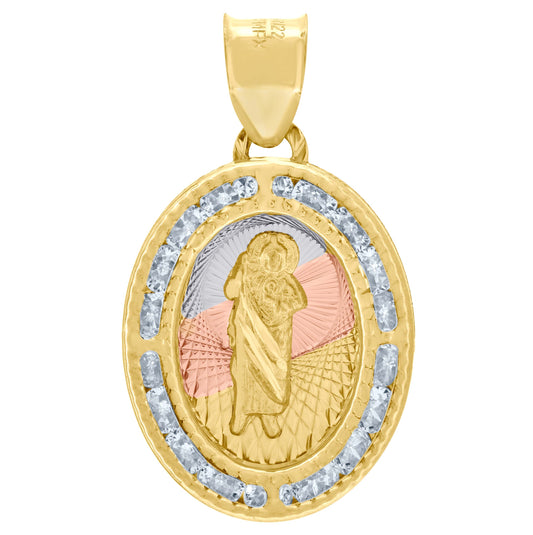 10K Tri-Color Gold Mens Cubic Zirconia Textured Saint Jude Oval Charm Pendant