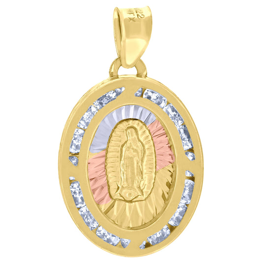 10K Tri-Color Gold Unisex Cubic-Zirconia Diamond-Cut Lady Of Guadalupe Religious Oval Charm Pendant