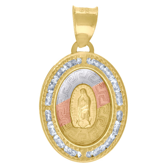 10K Tri-Color Gold Unisex Cubic-Zirconia Greek Textured Lady Of Guadalupe Religious Oval Charm Pendant