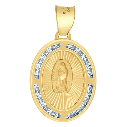10K Yellow Gold Unisex Cubic-Zirconia Textured Lady Of Guadalupe Religious Oval Charm Pendant