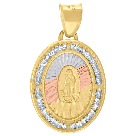 10K Tri-Color Gold Unisex Cubic-Zirconia Textured Lady Of Guadalupe Religious Oval Charm Pendant