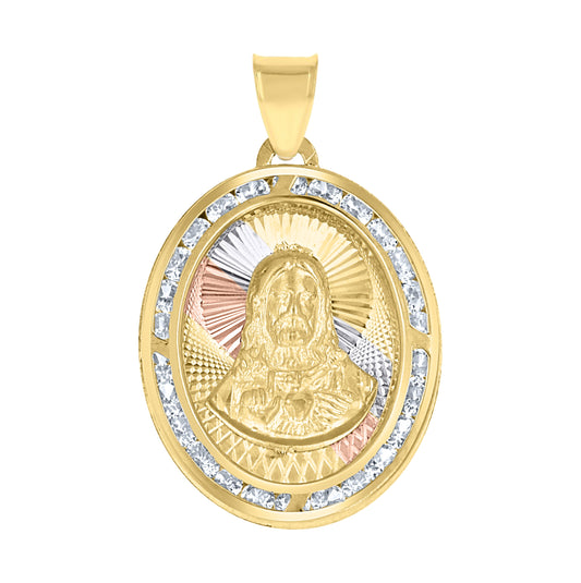 10K Tri-Color Gold Unisex Cubic-Zirconia Textured Sacred Heart Of Jesus Religious Charm Pendant